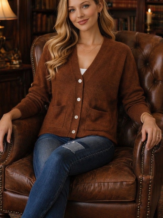 J. Crew Sweaters - J.Crew 100% Cashmere Cardigan Brown V-Neck Button Front Size M